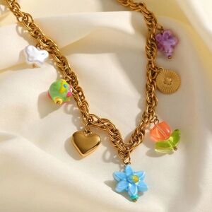 Colorful Charm Necklace Heart and Floral Charm